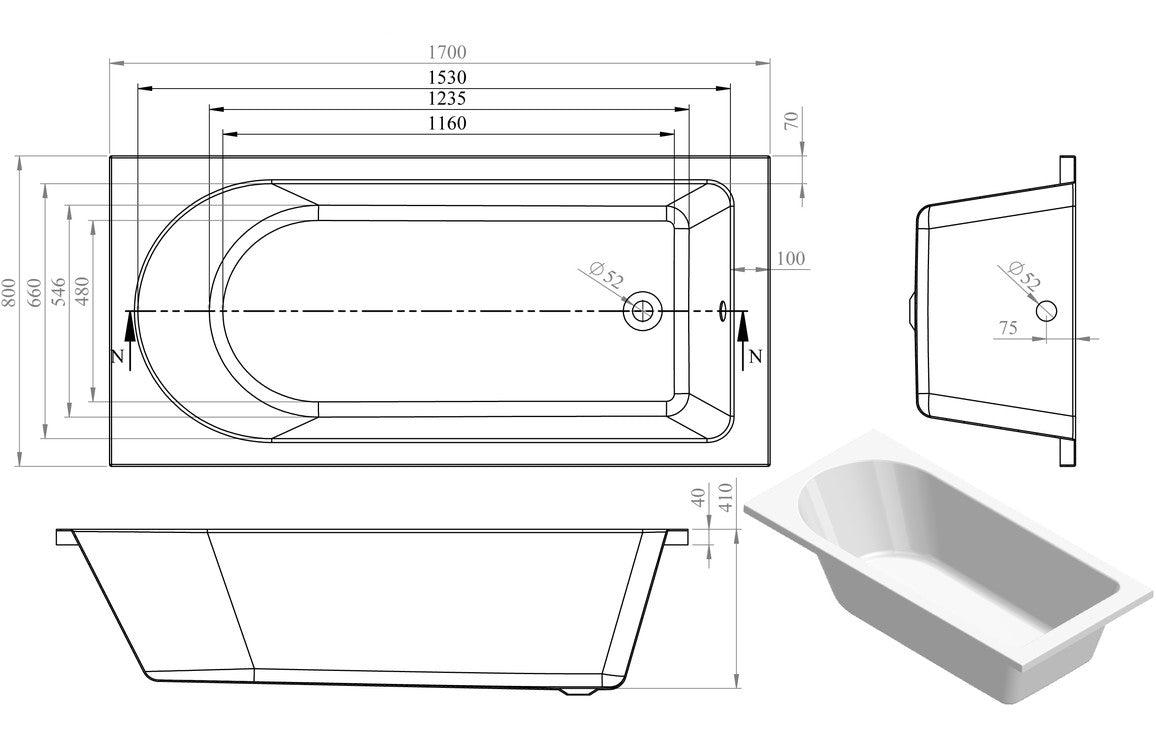 Florida Round Single End 1700x800x550mm 0TH Bath w/Legs