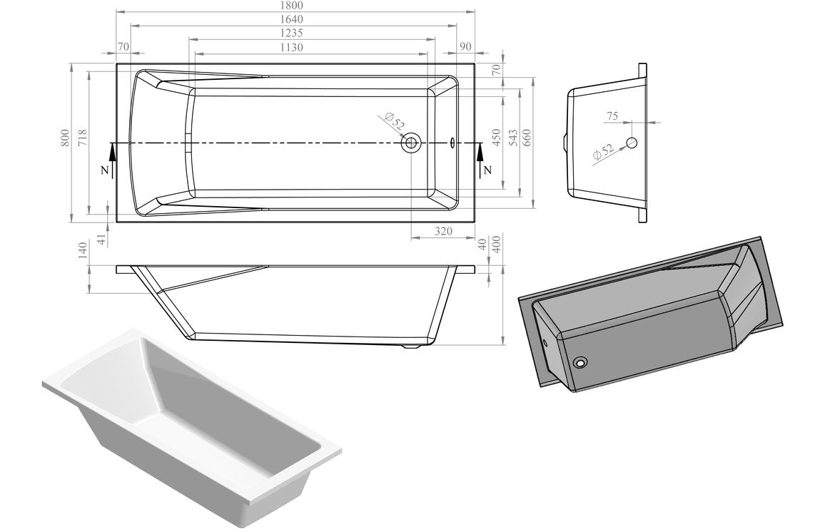 Florida Round Single End 1800x800x550mm 0TH Bath w/Legs