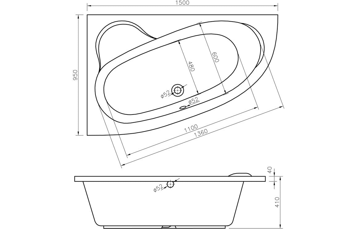 Canto 1500x950x600mm 0TH Offset Corner Bath w/Legs (LH)
