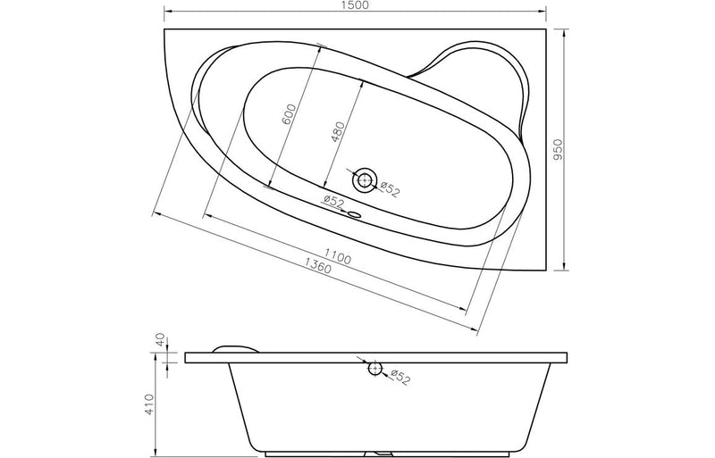 Canto 1500x950x600mm 0TH Offset Corner Bath w/Legs (RH)