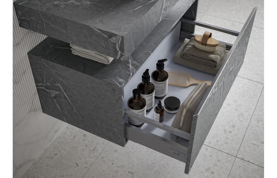 Mosaic 600mm Wall Hung Grey Marble Basin Shelf & Chrome Bottle Trap