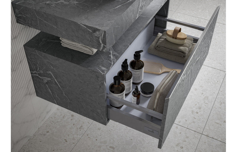 Mosaic 600mm Wall Hung Grey Marble Basin Shelf & Chrome Bottle Trap