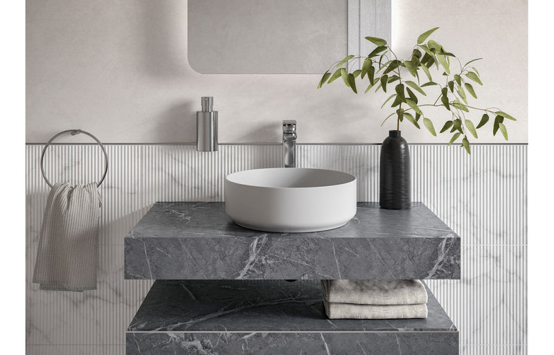 Mosaic 800mm Wall Hung Grey Marble Basin Shelf & Black Bottle Trap