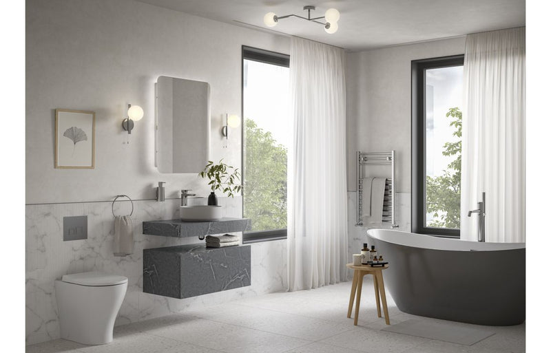 Mosaic 600mm Wall Hung Grey Marble Basin Shelf & Chrome Bottle Trap