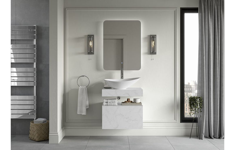 Mosaic 600mm Wall Hung White Marble Basin Shelf & Chrome Bottle Trap