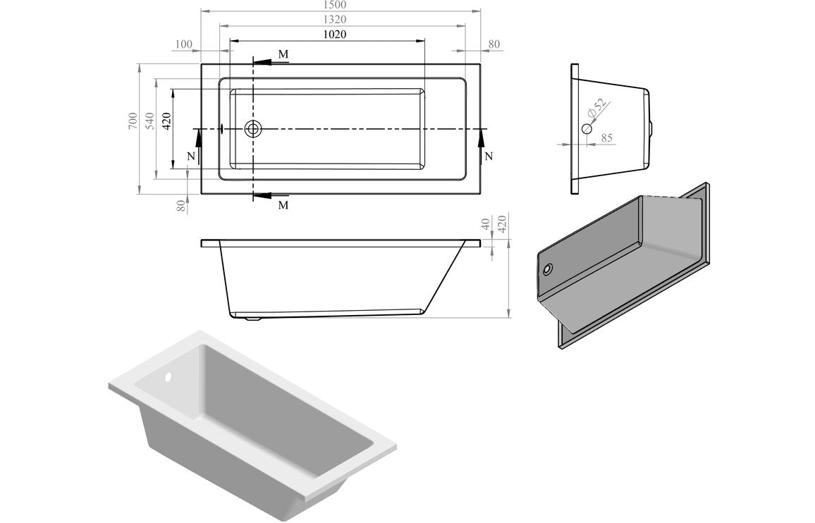 Tuscan Square Single End 1500x700x550mm 0TH Bath w/Legs