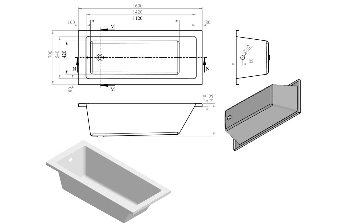 Tuscan Square Single End 1600x700x550mm 0TH Bath w/Legs