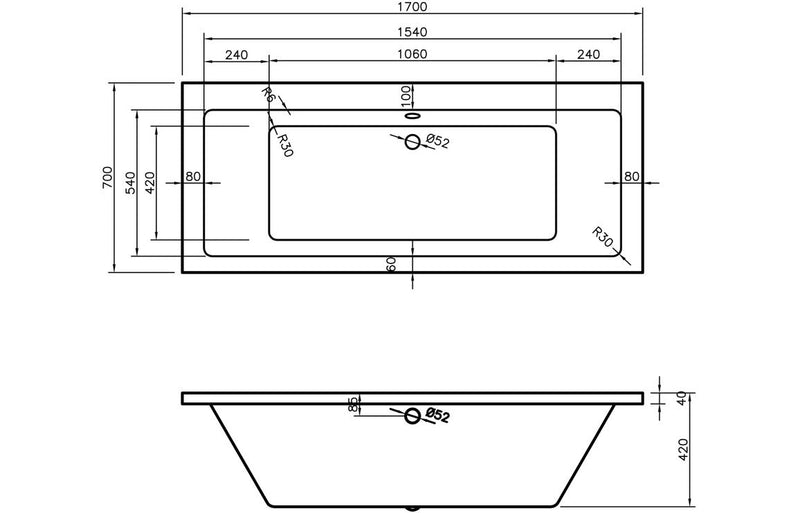 Tuscan Square Double End SUPERCAST 1700x700x550mm 0TH Bath w/Legs