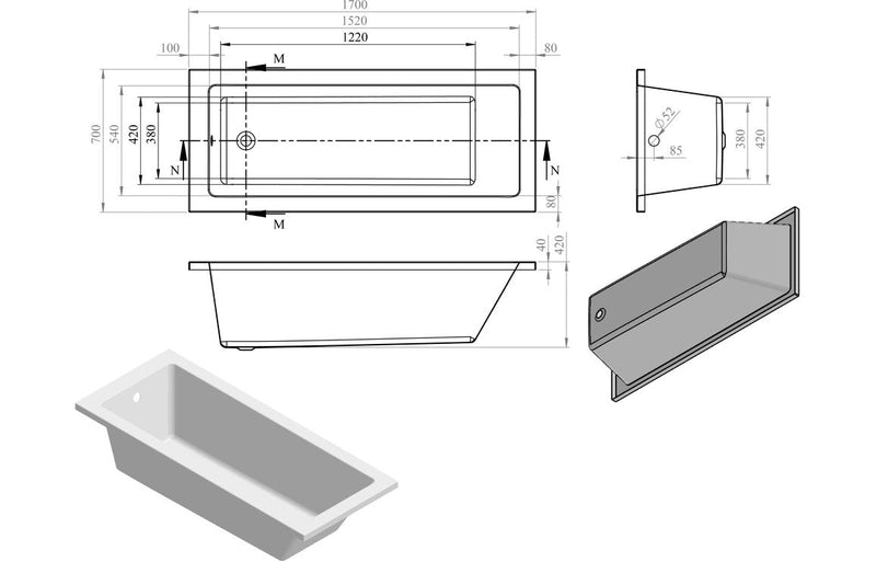 Tuscan Square Single End 1700x700x550mm 0TH Bath w/Legs