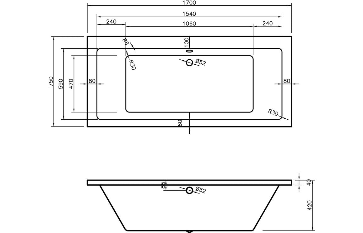 Tuscan Square Double End SUPERCAST 1700x750x550mm 0TH Bath w/Legs