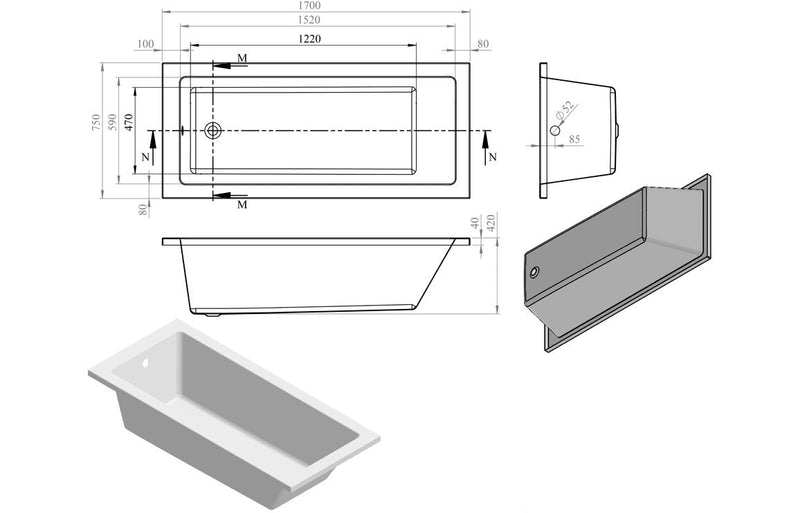 Tuscan Square Single End SUPERCAST 1700x750x550mm 0TH Bath w/Legs