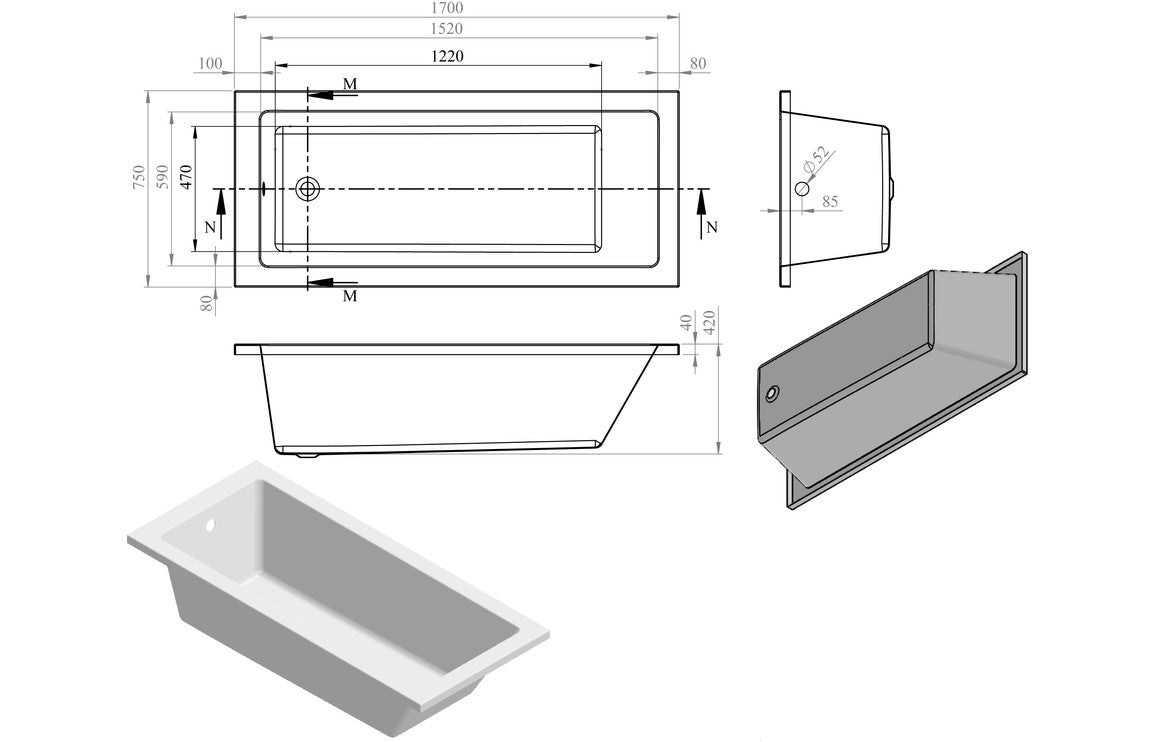 Tuscan Square Single End 1700x750x550mm 0TH Bath w/Legs