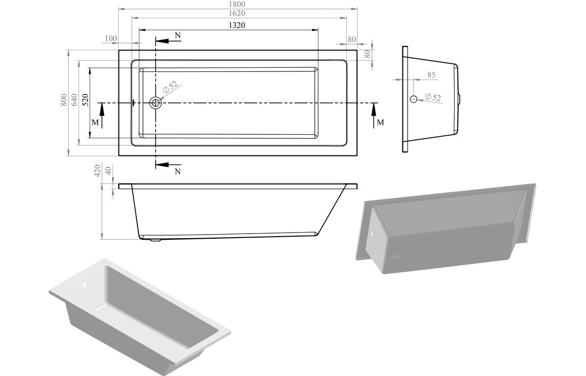 Tuscan Square Single End 1800x800x550mm 0TH Bath w/Legs