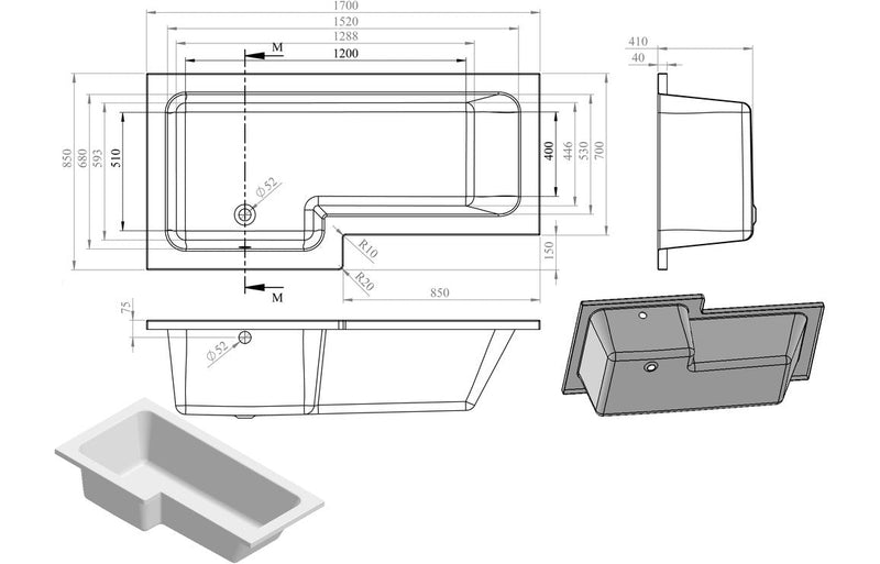 Tuscan L Shape SUPERCAST 1700x850x560mm 0TH Bath w/Legs (LH)