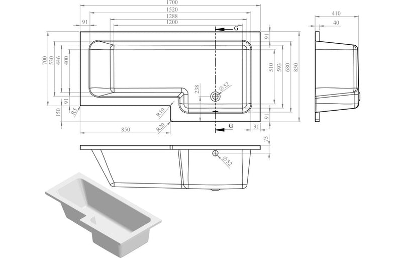 Tuscan L Shape SUPERCAST 1700x850x560mm 0TH Shower Bath Pack (RH)