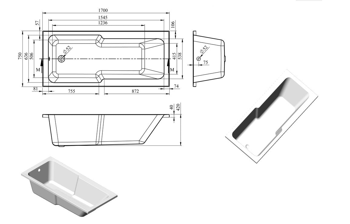 Expanda Straight 1700x750x550mm 0TH "C" Shower Bath w/Legs