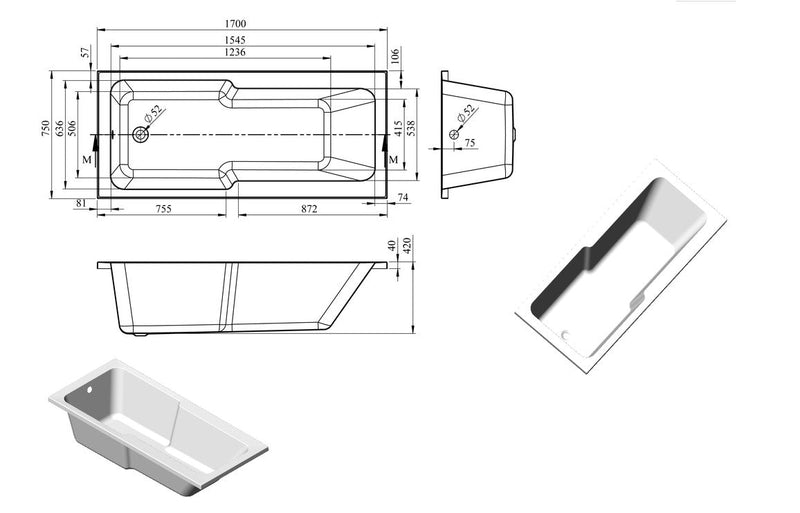 Expanda Straight 1700x750x550mm 0TH "C" Shower Bath w/Legs