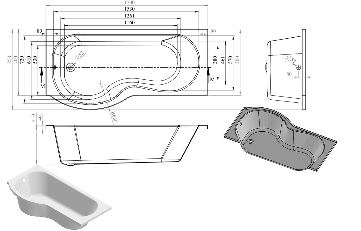 Europa P Shape 1700x850x560mm 0TH Shower Bath Pack (LH)