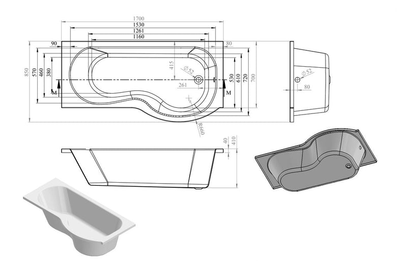 Europa P Shape SUPERCAST 1700x850x560mm 0TH Shower Bath Pack (RH)