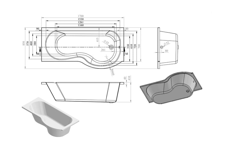 P-Shape Single End 1700x700-850x410mm 0TH Bath Only (RH)