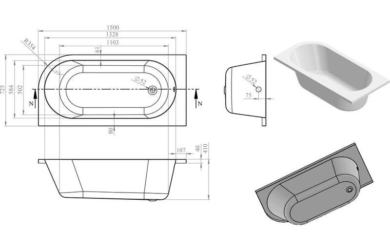 Sardinia J Shape 1500x725x600mm 0TH Bath w/Legs (LH)