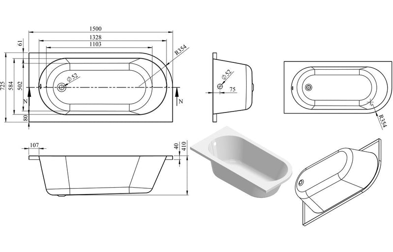 Sardinia J Shape 1500x725x600mm 0TH Bath w/Legs (RH)