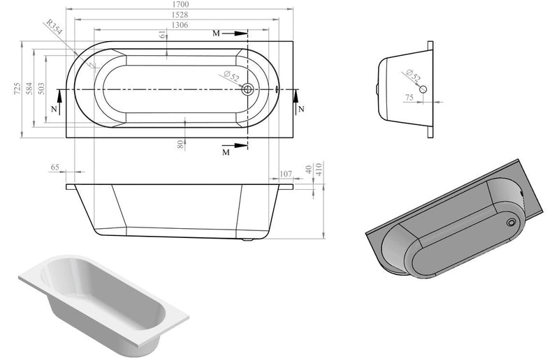 Sardinia J Shape 1700x725x600mm 0TH Bath w/Legs (LH)
