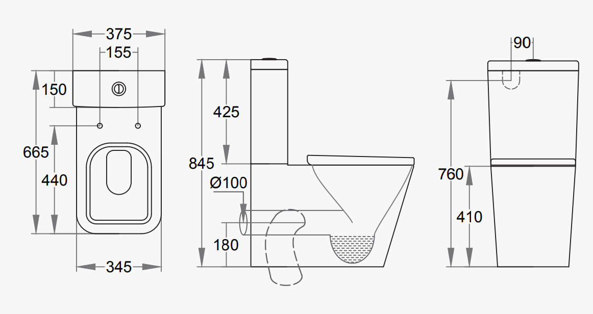 Square Close Coupled Toilet Rimless Flush Dimensions