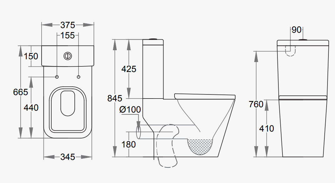 Square Close Coupled Toilet Rimless Flush Dimensions